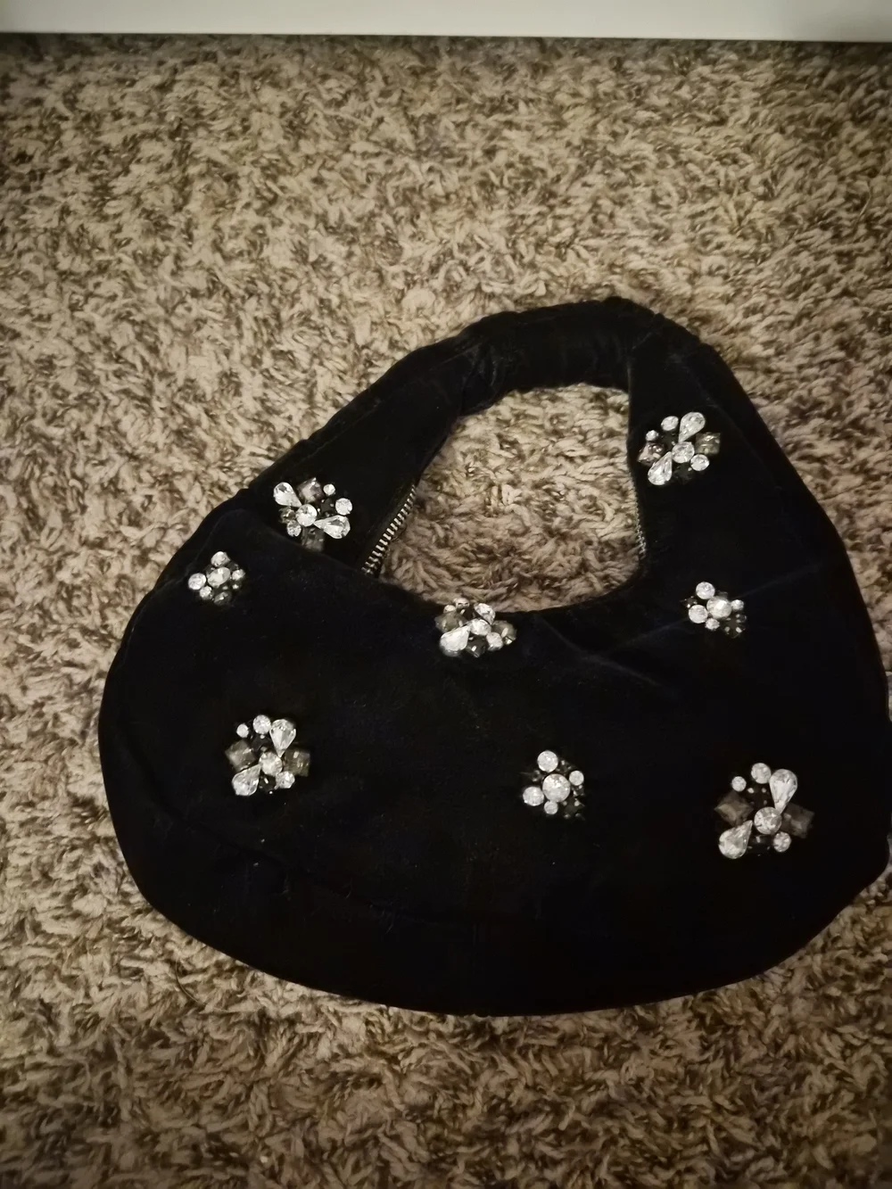 Black Velvet Crystal-Embellished Hobo Bag - Picture 4 of 7
